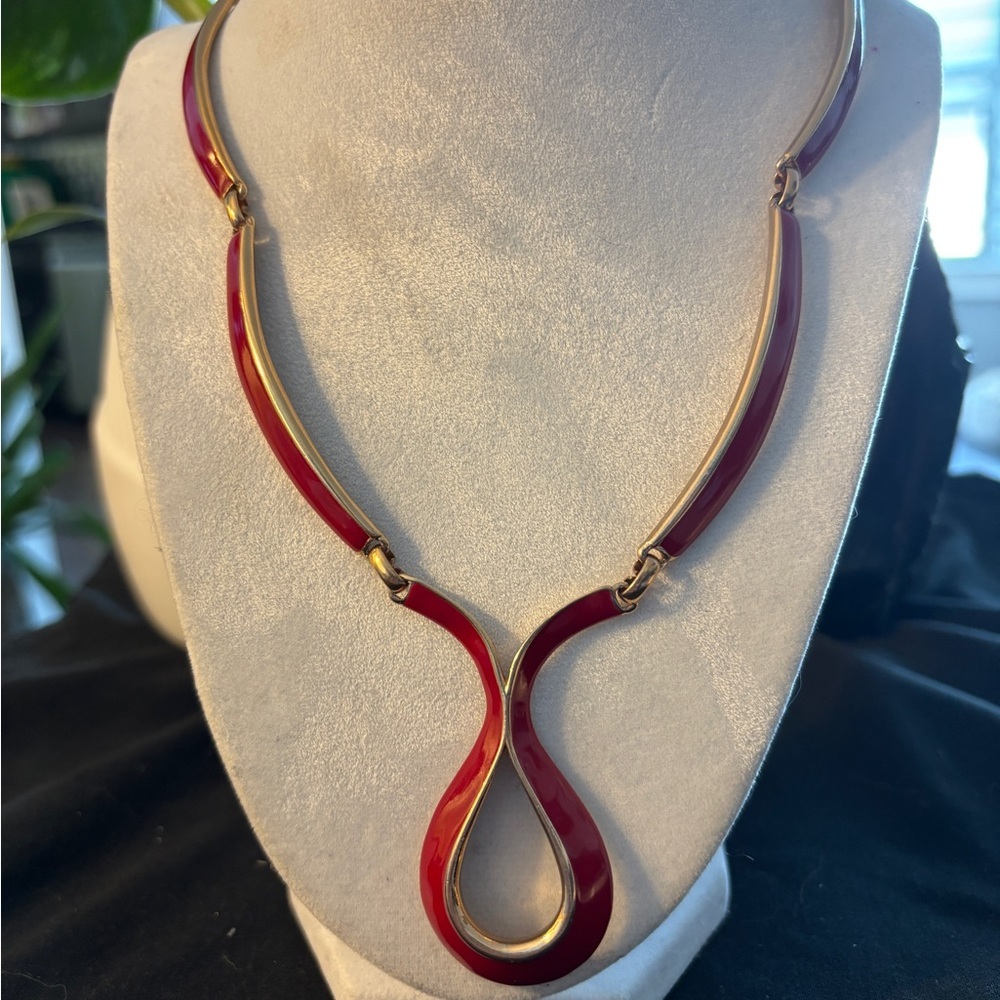 Signed Michele Lynn Red Enamel Statement Necklace | Gold Tone Sculptural Y-Drop